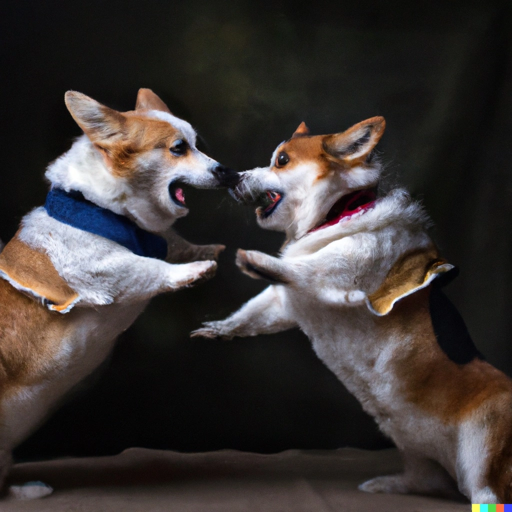Two corgi dogs in a karate fight